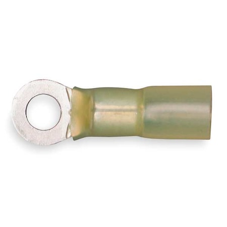 Ring Terminal, 1/4 in Stud Size, 10 AWG, 600 V, Heat Shrink Insulated, Yellow, 25 PK