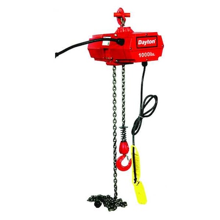 Electric Chain Hoist, 1,000 lb, 10 ft, Hook Mounted - No Trolley, 115V AC, Red