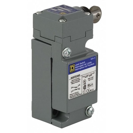 Heavy Duty Limit Switch, Plunger, Roller, 2NC/2NO, 10A at 600V AC, Actuator Location: Side