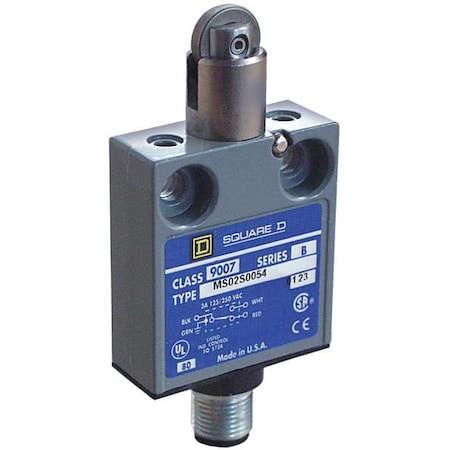 Limit Switch, Plunger, Roller, SPDT, 3A at 240V AC, Actuator Location: Top