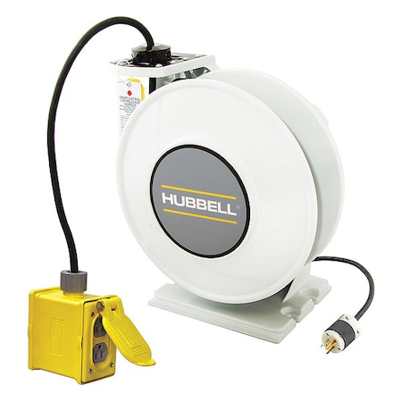 Cord Reel With Hand Lamp, Spring Retracted, NEMA 5-20R, 12 AWG, White Reel Color, 45 ft Length