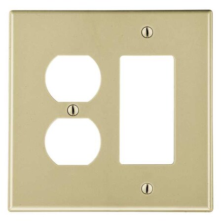 Rocker/Duplex Receptacle Wall Plate, Number of Gangs: 2 Plastic, Satin Finish, Ivory