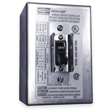 Manual Motor Switch, 30 A, 2 P, 1 Phase, Toggle, Circuit-Lock Series, NEMA 1