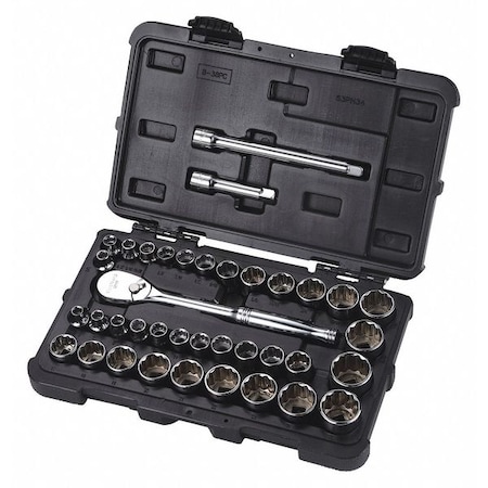 3/8" Drive Socket Set SAE, Metric 38 Pieces 1/4 in to 1 in, 6 mm to 25 mm , Chrome