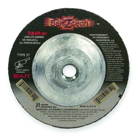 Depressed Center Grinding Wheel, Type 27, 7 in Dia, 0.25 in Thick, 5/8"-11 Arbor Hole Size, 24 Grit