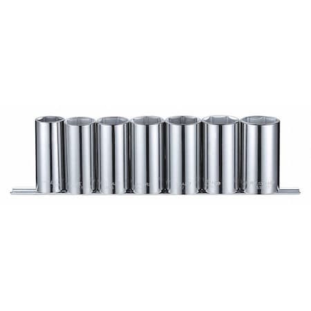 1/2" Drive Socket Set SAE 7 Pieces 1 3/8 in to 1 in , Chrome, Skt St, Chrm, 3/16-9/16 in, 6Pt