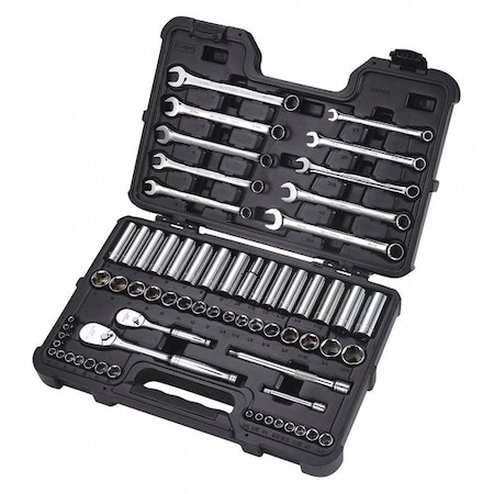 1/4", 3/8" Drive Socket Set SAE, Metric 65 Pieces 3/16 in to 13/16 in, 4 mm to 19 mm , Chrome