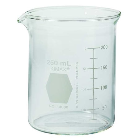 Beaker, Borosilicate Glass, Low Form, 250 mL / 8.45 fl oz Capacity, A Type I, 48 PK
