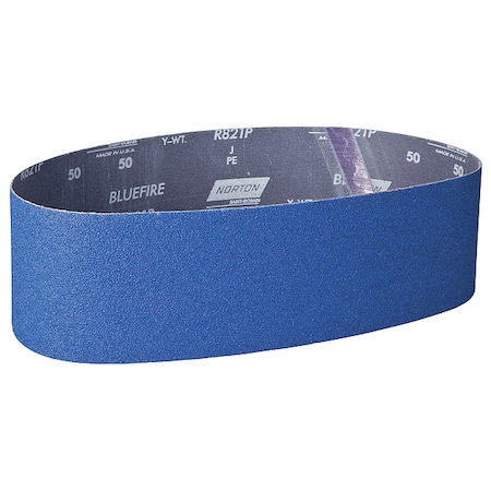 Sanding Belt, 4 in W, 36 in L, Coated, Zirconia Alumina, 50 Grit, Coarse, BlueFire R821P, Blue