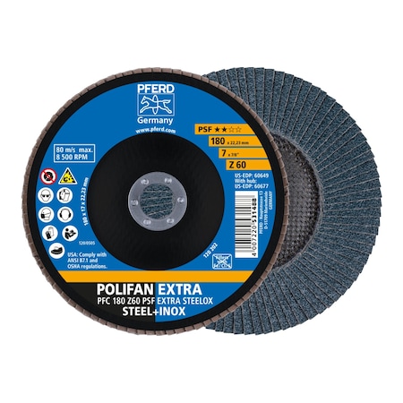 7" x 7/8" A.H. POLIFAN Flap Disc - Z PSF EXTRA STEELOX, Zirconia, 60 Grit, Conical