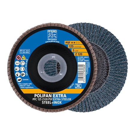 5" x 7/8" A.H. POLIFAN Flap Disc - Z PSF EXTRA STEELOX, Zirconia, 120 Grit, Conical