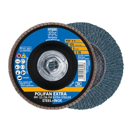 5" x 5/8-11 Thd. POLIFAN Flap Disc - Z PSF EXTRA STEELOX, Zirconia, 36 Grit, Flat