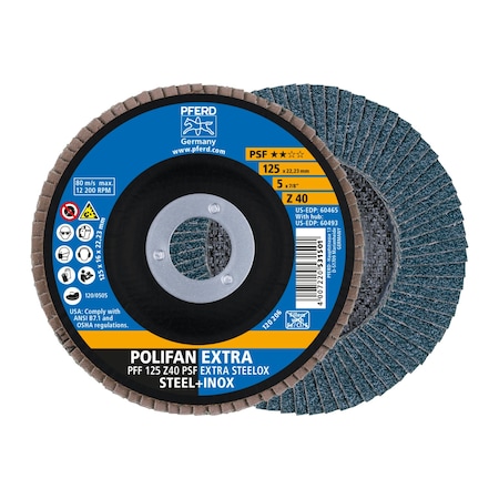 5" x 7/8" A.H. POLIFAN Flap Disc - Z PSF EXTRA STEELOX, Zirconia, 40 Grit, Flat