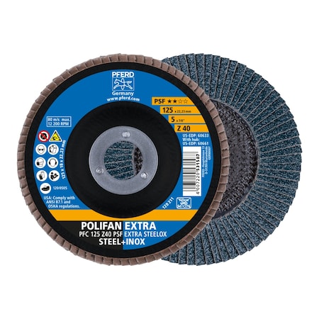 5" x 7/8" A.H. POLIFAN Flap Disc - Z PSF EXTRA STEELOX, Zirconia, 40 Grit, Conical