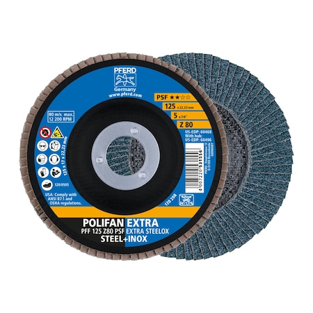 5" x 7/8" A.H. POLIFAN Flap Disc - Z PSF EXTRA STEELOX, Zirconia, 80 Grit, Flat