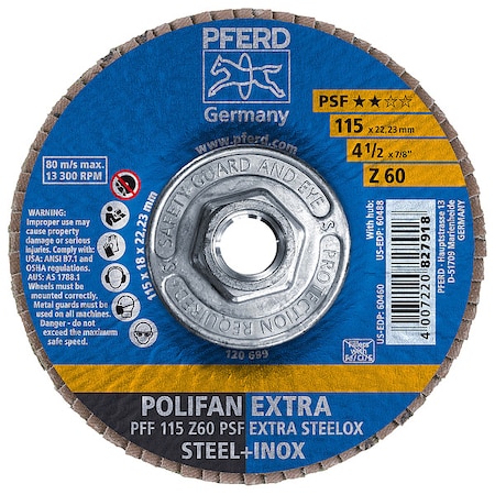 Flap Disc, 4-1/2" x 5/8-11, Z PSF EXTRA STEELOX, 60 Grit, T27, Flat, Zirconia