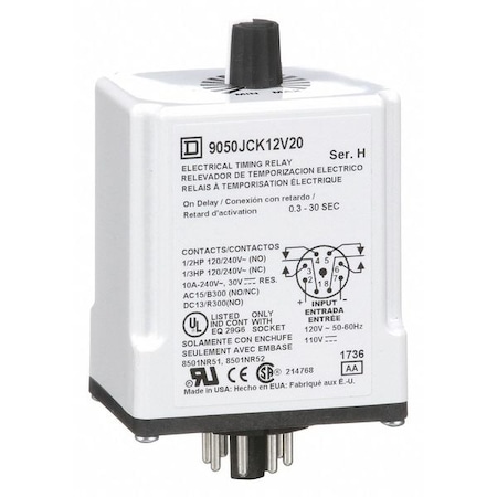 Single Function Time Delay Relay, Octal, On Delay, 1 Functions 110V AC, DPDT