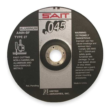 Depressed Center Cut-Off Wheel, Type 27, 5 in Dia, 0.045 in Thick, 7/8 in Arbor Hole Size, 46 Grit