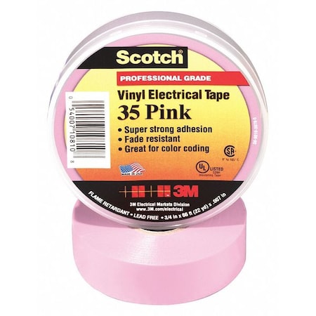 Vinyl Electrical Tape, 35, Scotch, 3/4 in W x 66 ft L, 7 mil thick, Pink