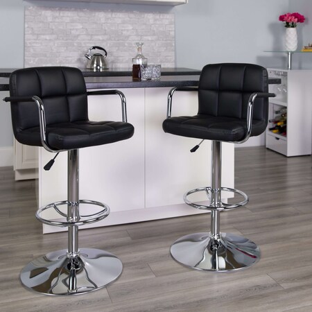 Black Quilted Vinyl Adjustable Height Barstool,Arms,Chrome Base,PK2