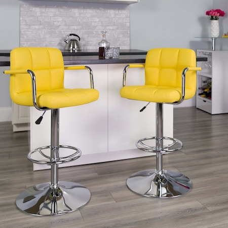 Yellow Quilted Vinyl Adjustable Height Barstool,Arms,Chrome Base,PK2