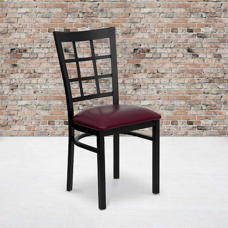 Black Window Back Metal Restaurant Chair,Burgundy Vinyl Seat,PK2