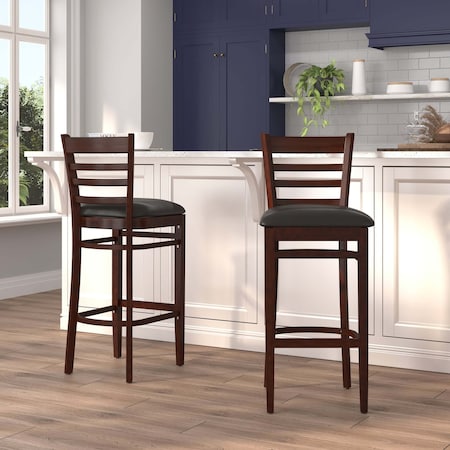 Ladder Back Mahogany Wood Restaurant Barstool,Black Vinyl Seat,PK2