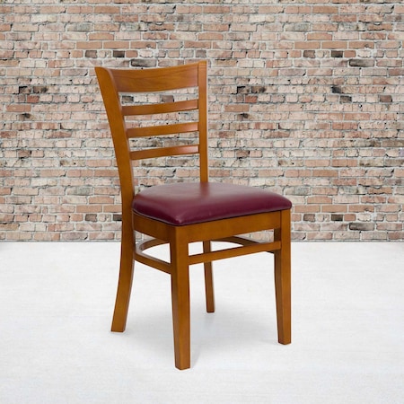 Ladder Back Cherry Wood Restaurant Chair,Burgundy Vinyl Seat,PK2