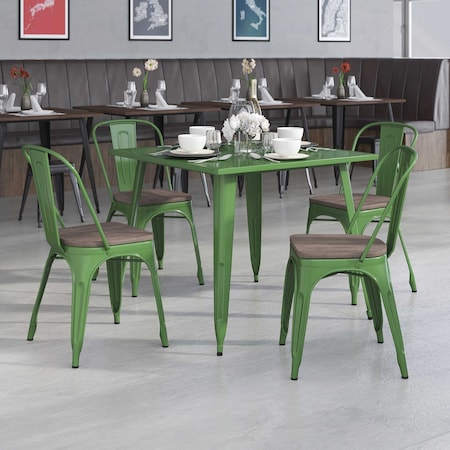 Green Metal Stackable Chair with Wood Seat,PK4