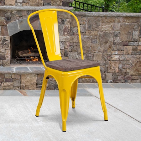 Yellow Metal Stackable Chair with Wood Seat,PK4