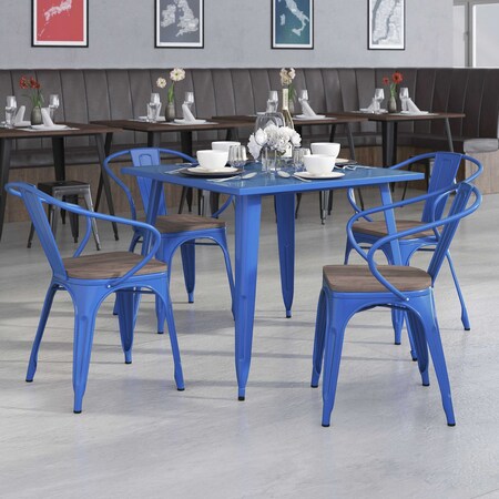 Blue Metal Chair with Wood Seat and Arms,PK4