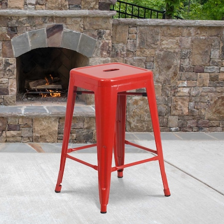 24"H Backless Red Metal Counter Height Stool, PK4
