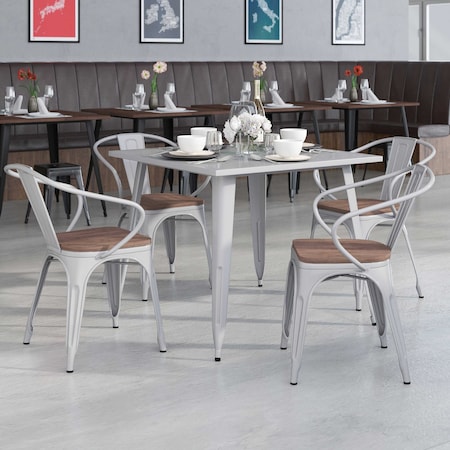 Silver Metal Chair with Wood Seat and Arms,PK4
