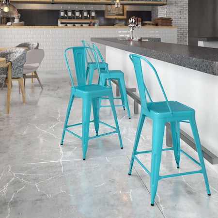 Teal Metal Outdoor Stool,24", PK4