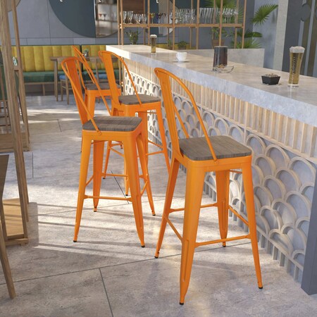 Orange Metal Barstool with Back and Wood Seat,30" High,PK4