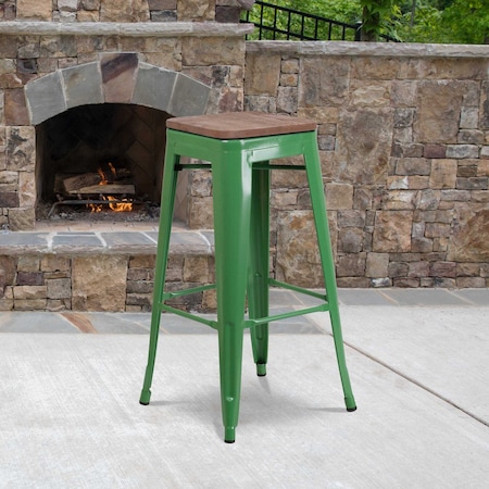 Backless Green Metal Barstool with Square Wood Seat,30" High,PK4