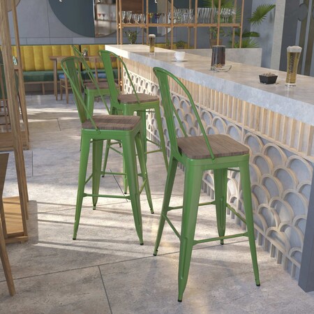 Green Metal Barstool with Back and Wood Seat,30" High,PK4