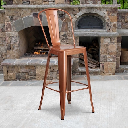 Copper Metal Indoor-Outdoor Barstool with Back,30" High,PK4
