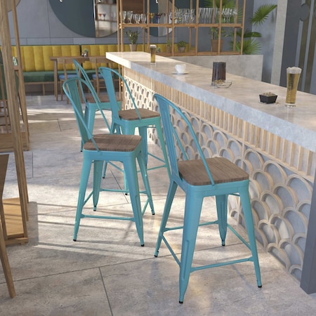 Teal Metal Counter Stool,24", PK4