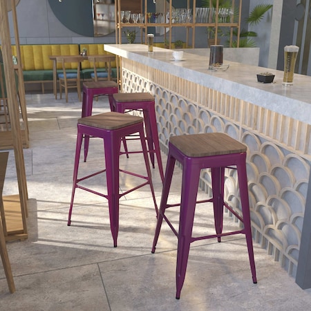 Backless Purple Barstool with Square Wood Seat,30" High,PK4