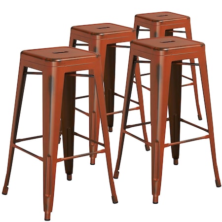 30" High Backless Aged Orange Metal Barstool, PK4