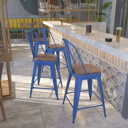 High Blue Metal Counter Height Stool with Back and Wood Seat,24", PK4