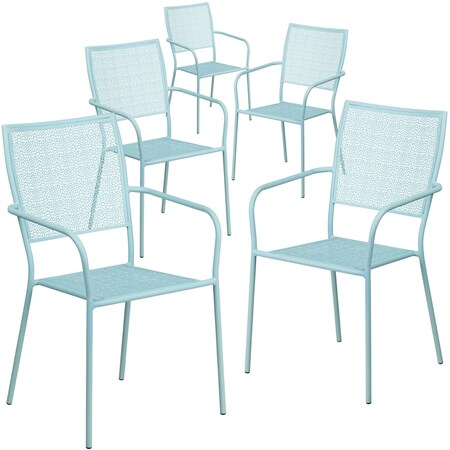 5PK Sky Blue Steel Patio Arm Chair w/ Square Back
