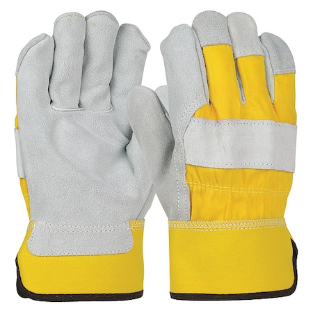 Leather Gloves, Cowhide, Safety Cuff, Wing Thumb, Full Finger, Yellow, XL, 12 PK