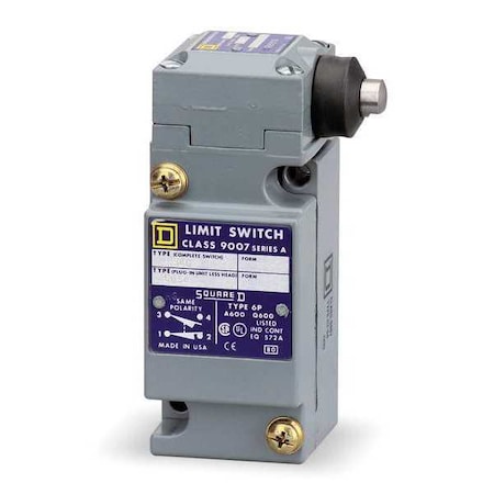 Heavy Duty Limit Switch, Plunger, 1NC/1NO, 10A at 600V AC, Actuator Location: Side