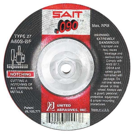 Depressed Center Cut-Off Wheel, Type 27, 7 in Dia, 0.09 in Thick, 5/8"-11 Arbor Hole Size, 60 Grit
