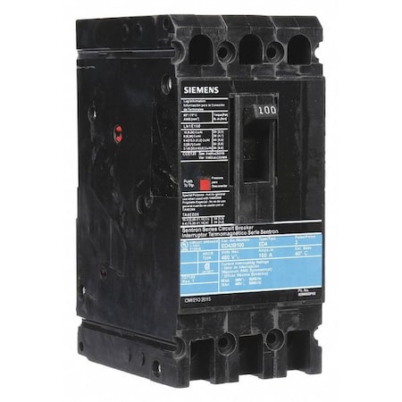 Molded Case Circuit Breaker, ED4 Series, 100A, 3 Pole, 480V AC, 18kA at 480V AC