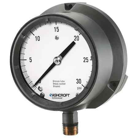 Process Pressure Gauge, 0 to 30 psi, 4 1/2 in Dial, 1/2 in NPT, Bottom Location