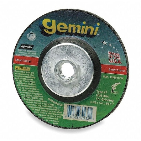 Cut-Off & Grinding Wheel, Type 27, 4 1/2 in Dia, 0.125 in Thick, 5/8"-11 Arbor Hole Size, 24 Grit