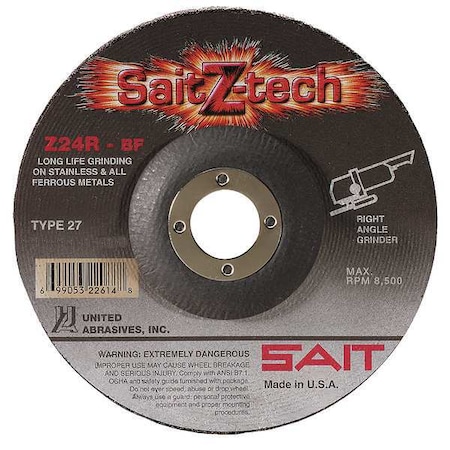 Depressed Center Grinding Wheel, Type 27, 7 in Dia, 0.25 in Thick, 7/8 in Arbor Hole Size, 24 Grit